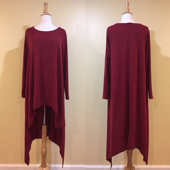 High Low Handkerchief Hem Midi Tunic Dress Burgundy - Picture 2 of 4